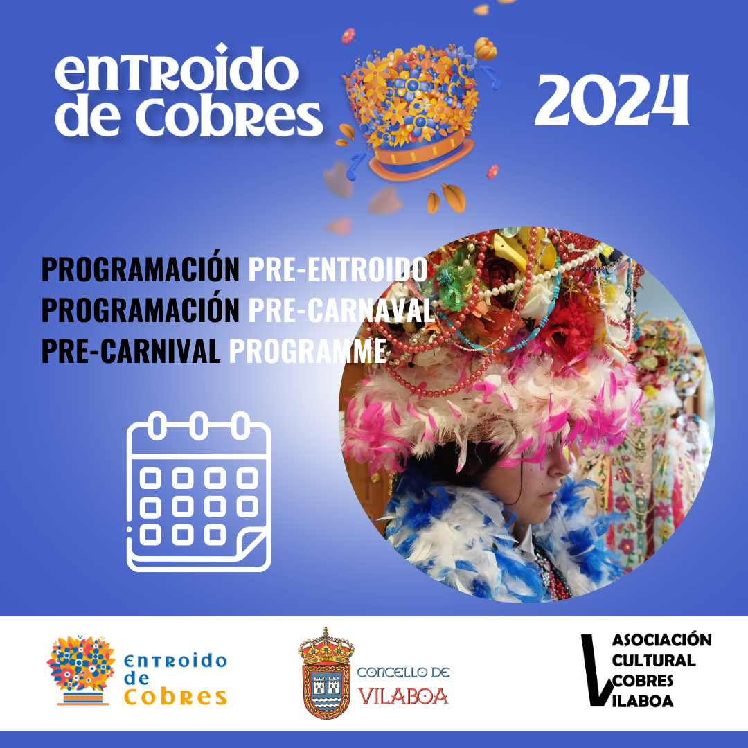 Logotipos y letras anunciando la programación previa al carnaval 2024, con imagen de una madama como broche.